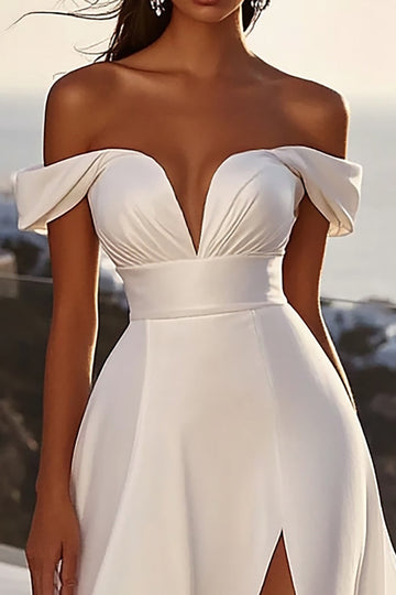 lvory A Line Off The Shoulder Long Wedding Dress with Slit